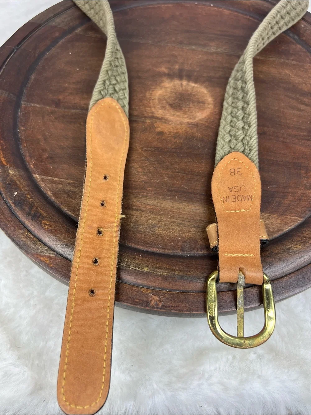 Vintage Zep-Pro Sport Belt 38 Green Woven Rope Leather Ends Brass Buckle USA